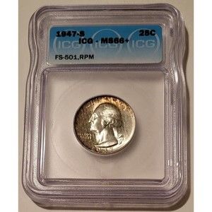 1947 S/S Washington Quarter RPM Variety FS-501 Unc MS66+ ICG